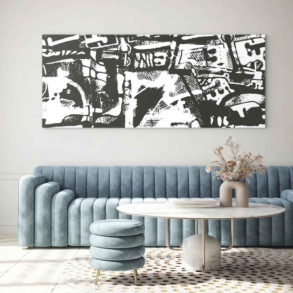 Quadro su vetro - Motivo retrò monocromatico astratto - 120x50cm - Ordine o caos? - Decorazione murale moderna per soggiorno e camera da letto ARTTOR