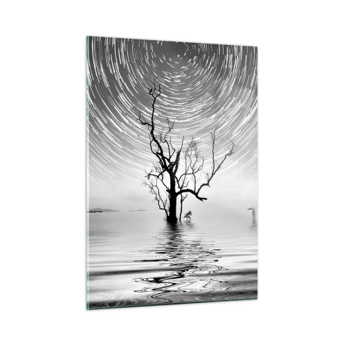 Quadro su vetro - Paesaggio in bianco e nero con un albero e strisce di stelle - 50x70cm - Sinfonia della natura - Decorazione murale moderna per soggiorno e camera da letto ARTTOR