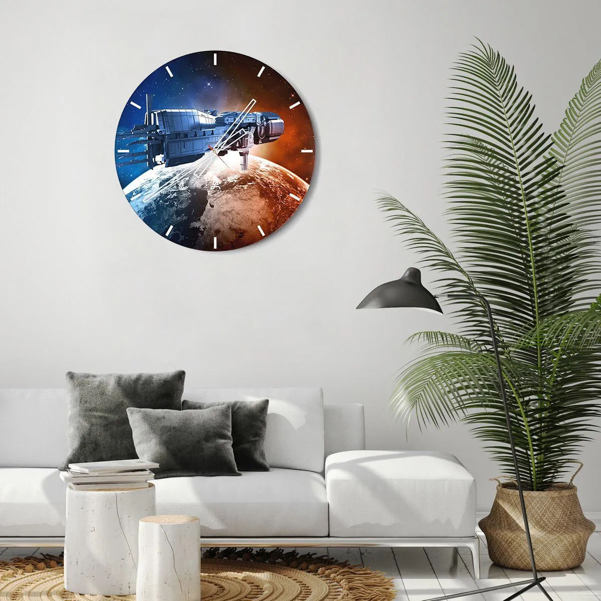 Orologio da parete - Orologio in Vetro - Un quadrante di orologio con il motivo di un'astronave sospesa sopra la Terra - 30x30cm - Un attento osservatore - Decorazione murale moderna per soggiorno, cucina e camera da letto ARTTOR