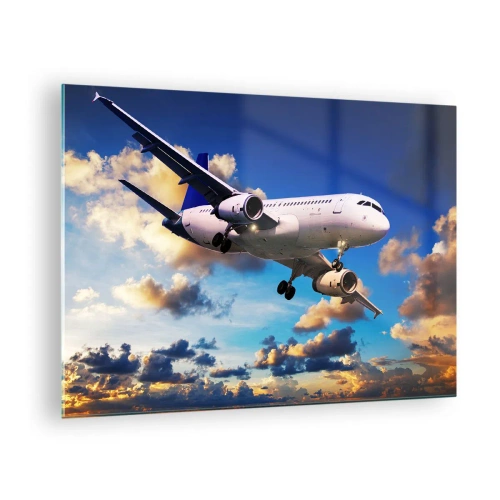 Quadro su vetro - Un aereo in volo contro un cielo pittoresco - 70x50cm - Viaggio nel bianco e nel blu - Decorazione murale moderna per soggiorno e camera da letto ARTTOR