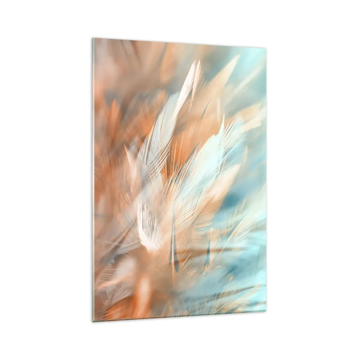Quadro su vetro - Delicate piume nei toni pastello del blu e dell'arancione - 70x100cm - Nel paese della mitezza - Decorazione murale moderna per soggiorno e camera da letto ARTTOR