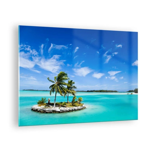 Quadro su vetro - Un'isola tropicale sullo sfondo di un oceano turchese - 70x50cm - Paradiso in terra - Decorazione murale moderna per soggiorno e camera da letto ARTTOR