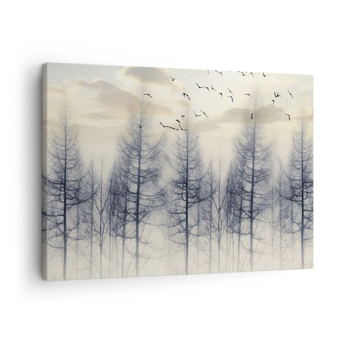 Quadro su tela - Stampe su Tela - Foresta nebbiosa con uccelli contro il cielo al tramonto - 70x50cm - Lo spirito della foresta - Decorazione murale moderna per soggiorno e camera da letto ARTTOR