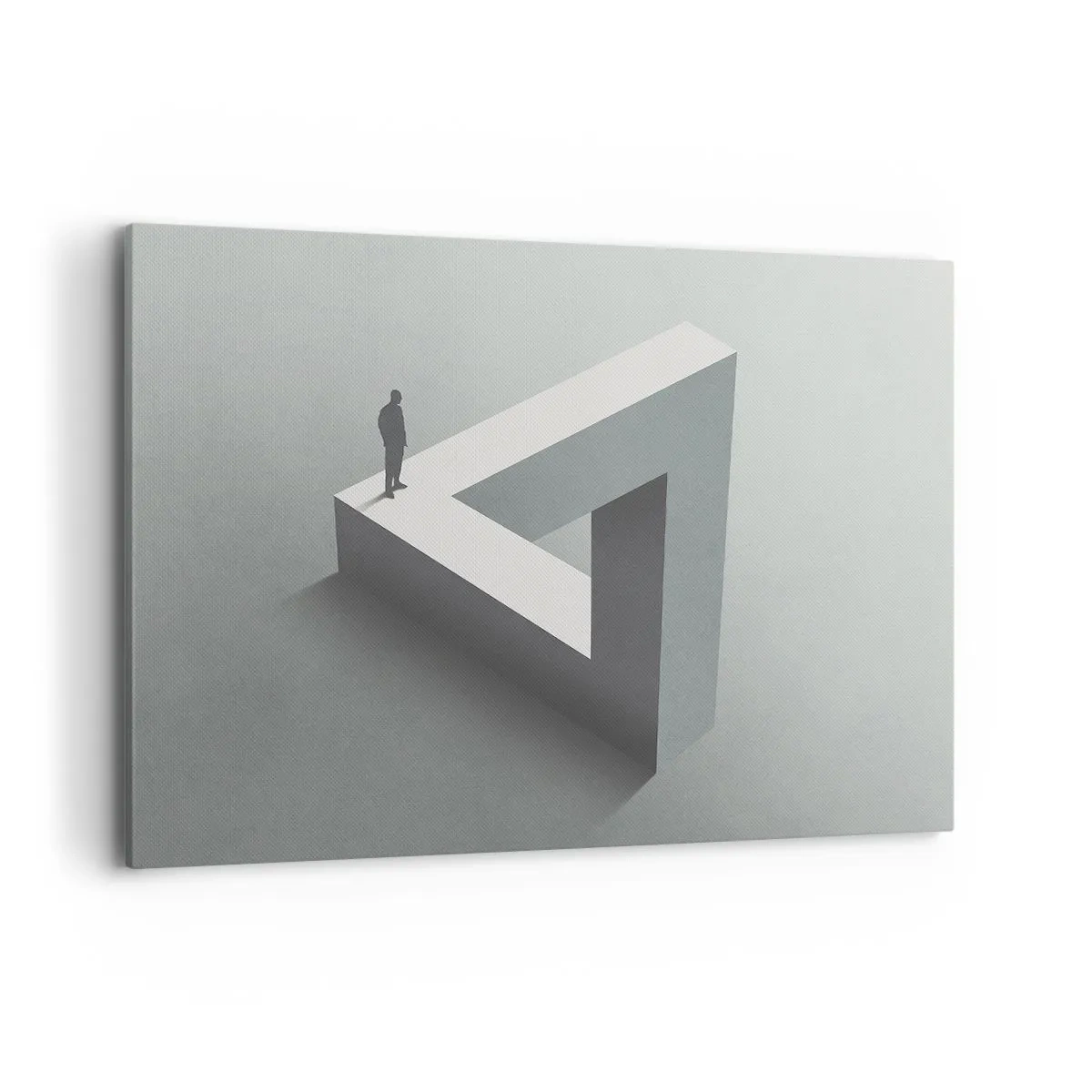 Quadro su tela - Stampe su Tela - Una figura in piedi su un triangolo di Penrose in tonalità di grigio. - 120x80cm - Eppure è possibile - Decorazione murale moderna per soggiorno e camera da letto ARTTOR