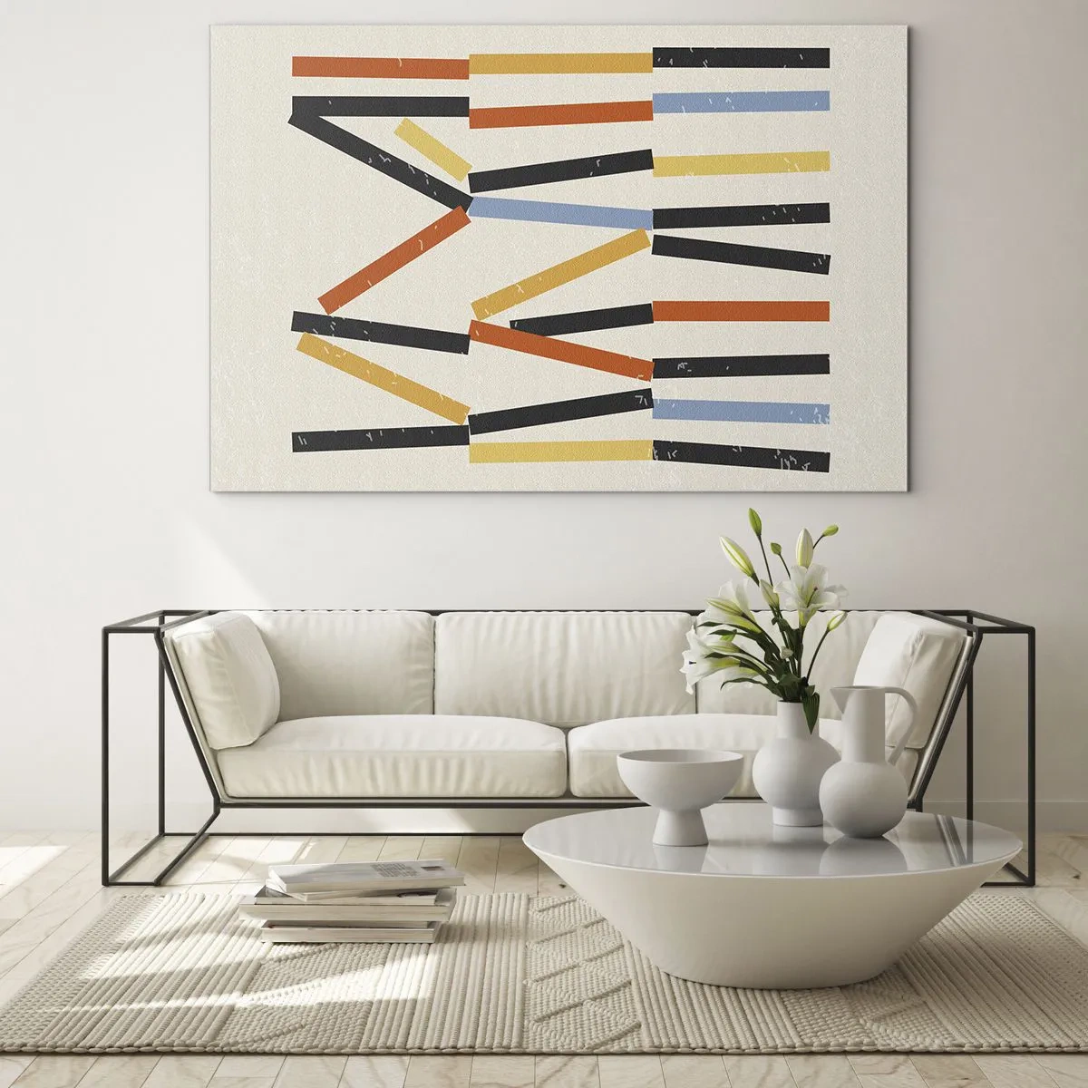 Quadro su vetro - Astrazione colorata di strisce orizzontali e diagonali su uno sfondo chiaro - 120x80cm - Composizione orizzontale - Decorazione murale moderna per soggiorno e camera da letto ARTTOR