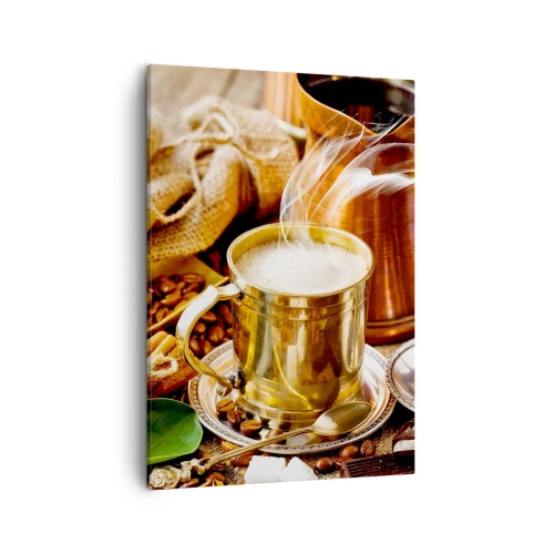 Quadro su tela - Stampe su Tela - Una tazza di caffè dorata circondata da chicchi, brocche e croissant - 50x70cm - Buona giornata! - Decorazione murale moderna per soggiorno e camera da letto ARTTOR