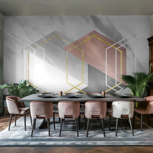 Fotomurali Standard Eco - Forme geometriche su sfondo marmoreo - 100x70cm - Composizione a catena - Decorazione murale moderna per soggiorno e camera da letto ARTTOR
