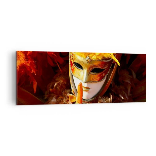 Quadro su tela - Stampe su Tela - Maschera di Carnevale nei toni dell'oro e dell'arancione - 140x50cm - Il mistero è parte del gioco - Decorazione murale moderna per soggiorno e camera da letto ARTTOR