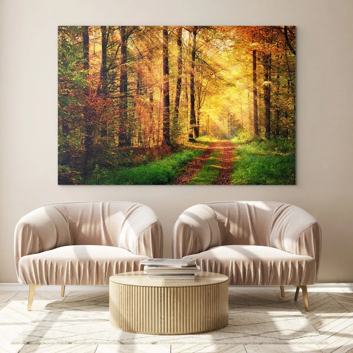 Quadro su vetro - Sentiero autunnale nel bosco con raggi di sole - 70x50cm - Il silenzio d'oro del bosco - Decorazione murale moderna per soggiorno e camera da letto ARTTOR