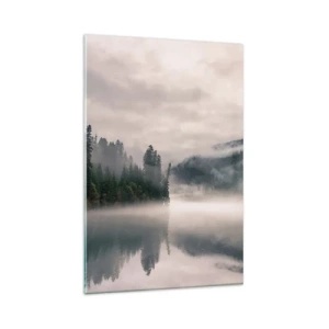 Quadro su vetro - Una foresta nebbiosa riflessa in un lago calmo - 80x120cm - Riflettendo nella nebbia - Decorazione murale moderna per soggiorno e camera da letto ARTTOR