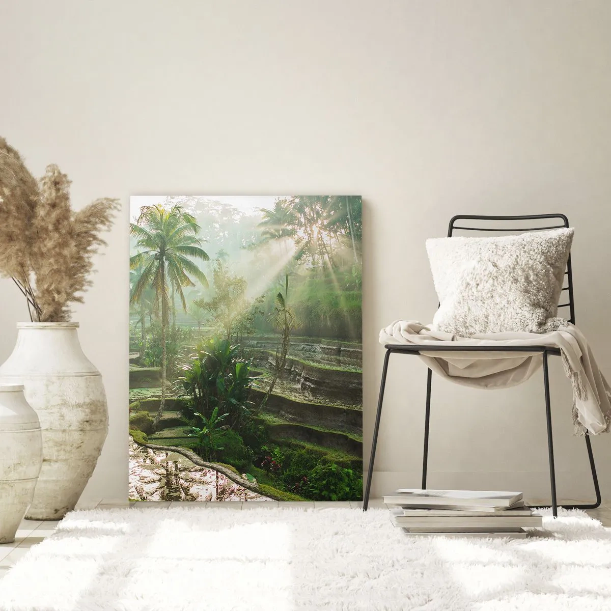 Quadro su vetro - Terrazze di riso con palme sotto i raggi del sole - 70x100cm - Crescere al sole - Decorazione murale moderna per soggiorno e camera da letto ARTTOR