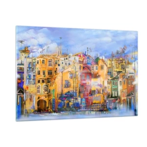 Quadro su vetro - Case popolari colorate in un contesto urbano artistico - 120x80cm - Siamo insieme - Decorazione murale moderna per soggiorno e camera da letto ARTTOR