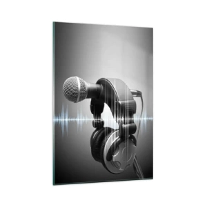 Quadro su vetro - Microfono e cuffie con visualizzazione delle onde sonore sullo sfondo - 80x120cm - Si sente ancora il canto - Decorazione murale moderna per soggiorno e camera da letto ARTTOR