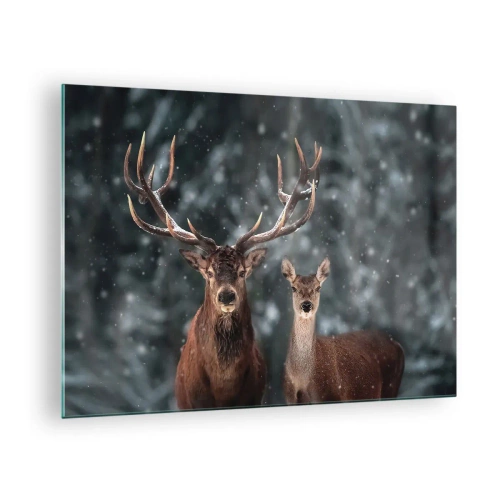 Quadro su vetro - Un cervo e una cerva in una foresta invernale ricoperta di neve - 70x50cm - Il re della foresta con la consorte - Decorazione murale moderna per soggiorno e camera da letto ARTTOR