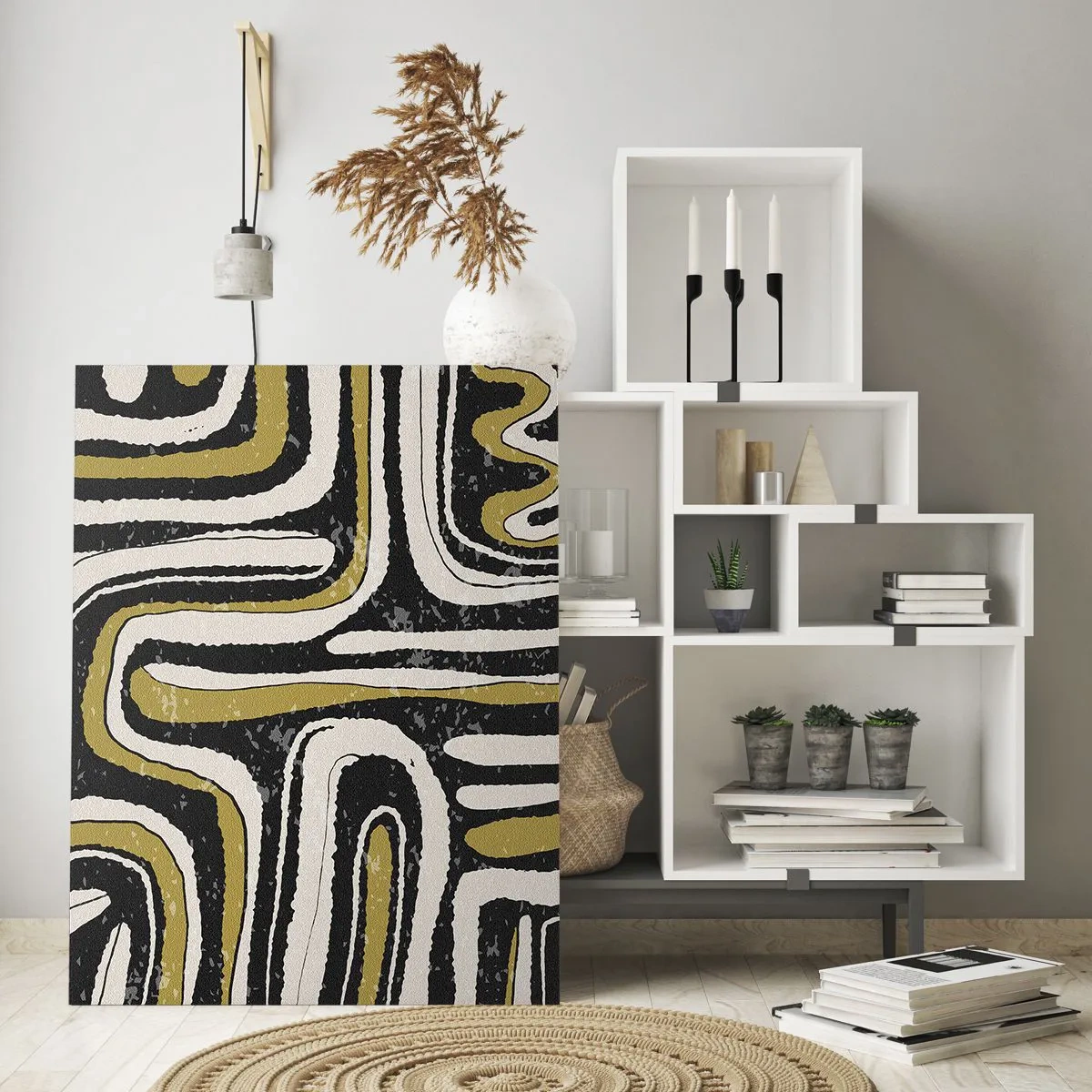 Quadro su vetro - Motivo astratto in nero, bianco e oro - 70x100cm - Composizione: strade e vicoli - Decorazione murale moderna per soggiorno e camera da letto ARTTOR