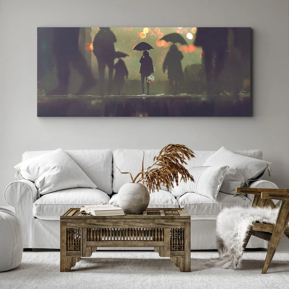 Quadro su tela - Stampe su Tela - Una figura con un ombrello in una sera piovosa tra le luci della città - 140x50cm - Dalla prospettiva di una goccia di pioggia - Decorazione murale moderna per soggiorno e camera da letto ARTTOR