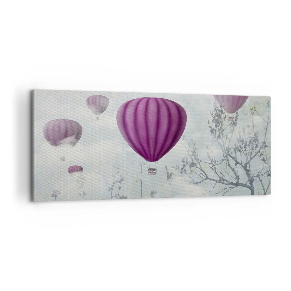Quadro su tela - Stampe su Tela - Palloncini viola che fluttuano sopra gli alberi tra le nuvole - 120x50cm - Come navi nel cielo - Decorazione murale moderna per soggiorno e camera da letto ARTTOR