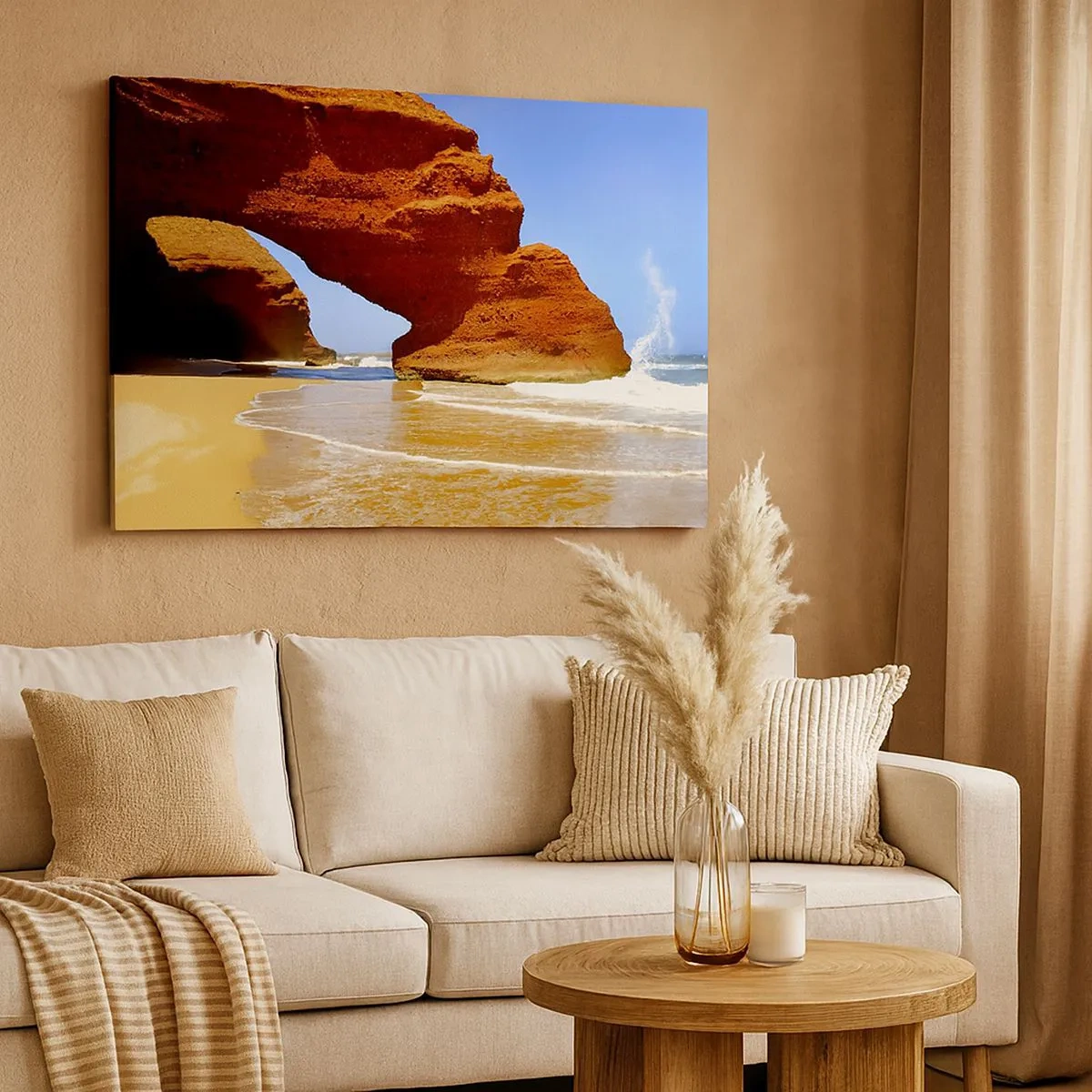 Quadro su tela - Stampe su Tela - Un arco di roccia naturale su una spiaggia con cielo azzurro e onde - 70x50cm - Migliaia di anni di acqua e vento - Decorazione murale moderna per soggiorno e camera da letto ARTTOR