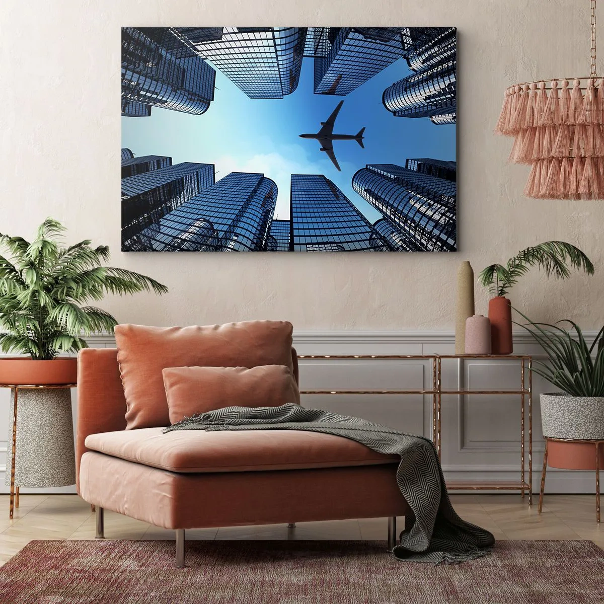 Quadro su tela - Stampe su Tela - Un aereo che sorvola i moderni grattacieli del centro città. - 70x50cm - Panorama dal canyon di vetro - Decorazione murale moderna per soggiorno e camera da letto ARTTOR