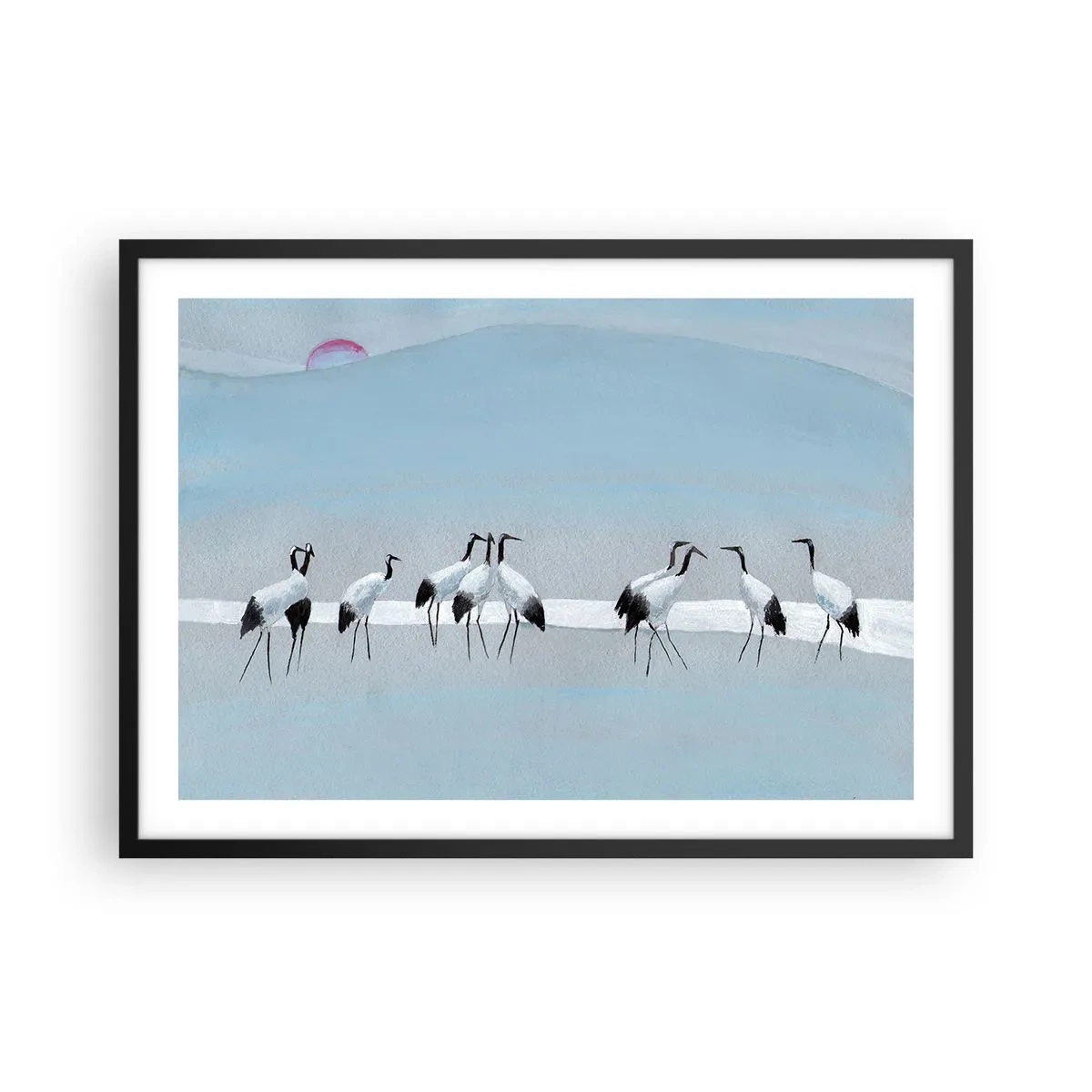 Poster in cornice nera - Un gruppo di gru contro un cielo azzurro e il sole nascente - 70x50cm - Dopo un giorno rovente - Decorazione murale moderna per soggiorno e camera da letto ARTTOR