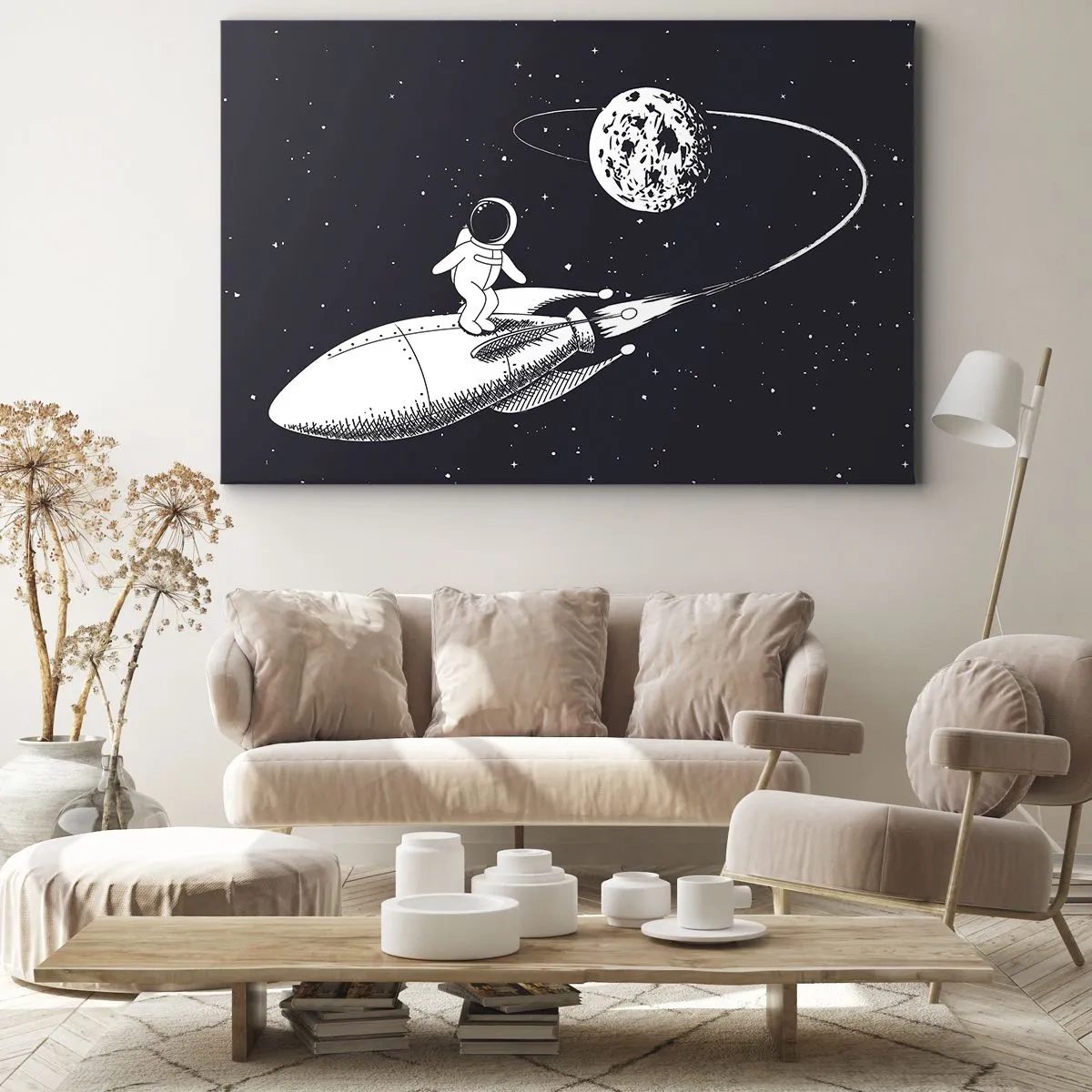 Quadro su tela - Stampe su Tela - Astronauta su un razzo nello spazio - 70x50cm - Surfista spaziale - Decorazione murale moderna per soggiorno e camera da letto ARTTOR
