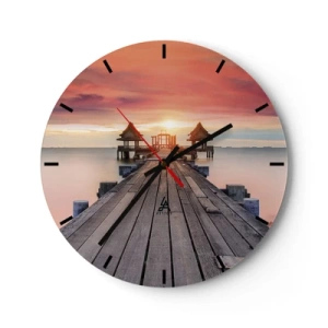 Orologio da parete - Orologio in Vetro - Molo di legno che conduce ai gazebo in riva al mare al tramonto - 30x30cm - Tramonto d'oriente - Decorazione murale moderna per soggiorno, cucina e camera da letto ARTTOR
