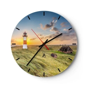 Orologio da parete - Orologio in Vetro - Un faro con un tramonto e case di campagna sullo sfondo - 30x30cm - Tra le onde - Decorazione murale moderna per soggiorno, cucina e camera da letto ARTTOR