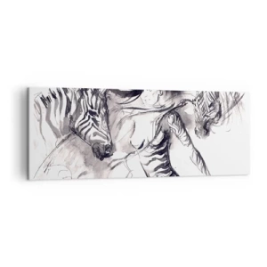 Quadro su tela - Stampe su Tela - Una donna in una danza dinamica con zebre in un'estetica in bianco e nero - 140x50cm - Ballando con le zebre - Decorazione murale moderna per soggiorno e camera da letto ARTTOR