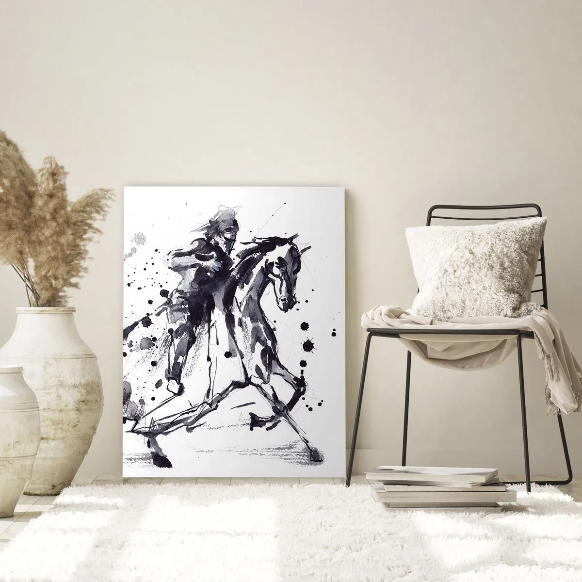 Quadro su vetro - Acquerello in bianco e nero di un cavaliere su un cavallo al galoppo - 70x100cm - Il cavaliere nero - Decorazione murale moderna per soggiorno e camera da letto ARTTOR