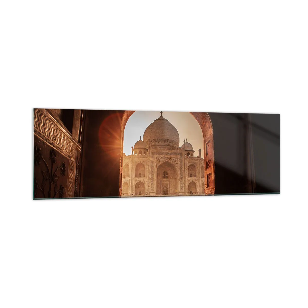 Quadro su vetro - Il Taj Mahal alla luce del sole visto dall'arco del cancello - 160x50cm - Monumento all'amore ultraterreno - Decorazione murale moderna per soggiorno e camera da letto ARTTOR