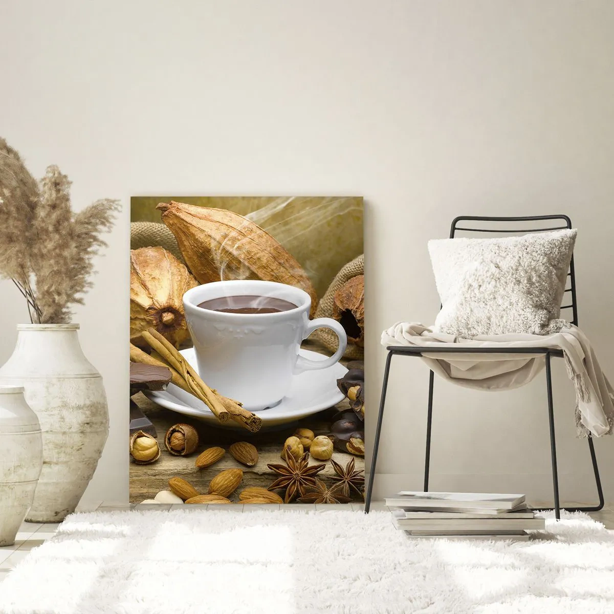 Quadro su vetro - Una tazza di cioccolata calda circondata da cioccolato e spezie - 50x70cm - Per i cercatori di emozioni - Decorazione murale moderna per soggiorno e camera da letto ARTTOR