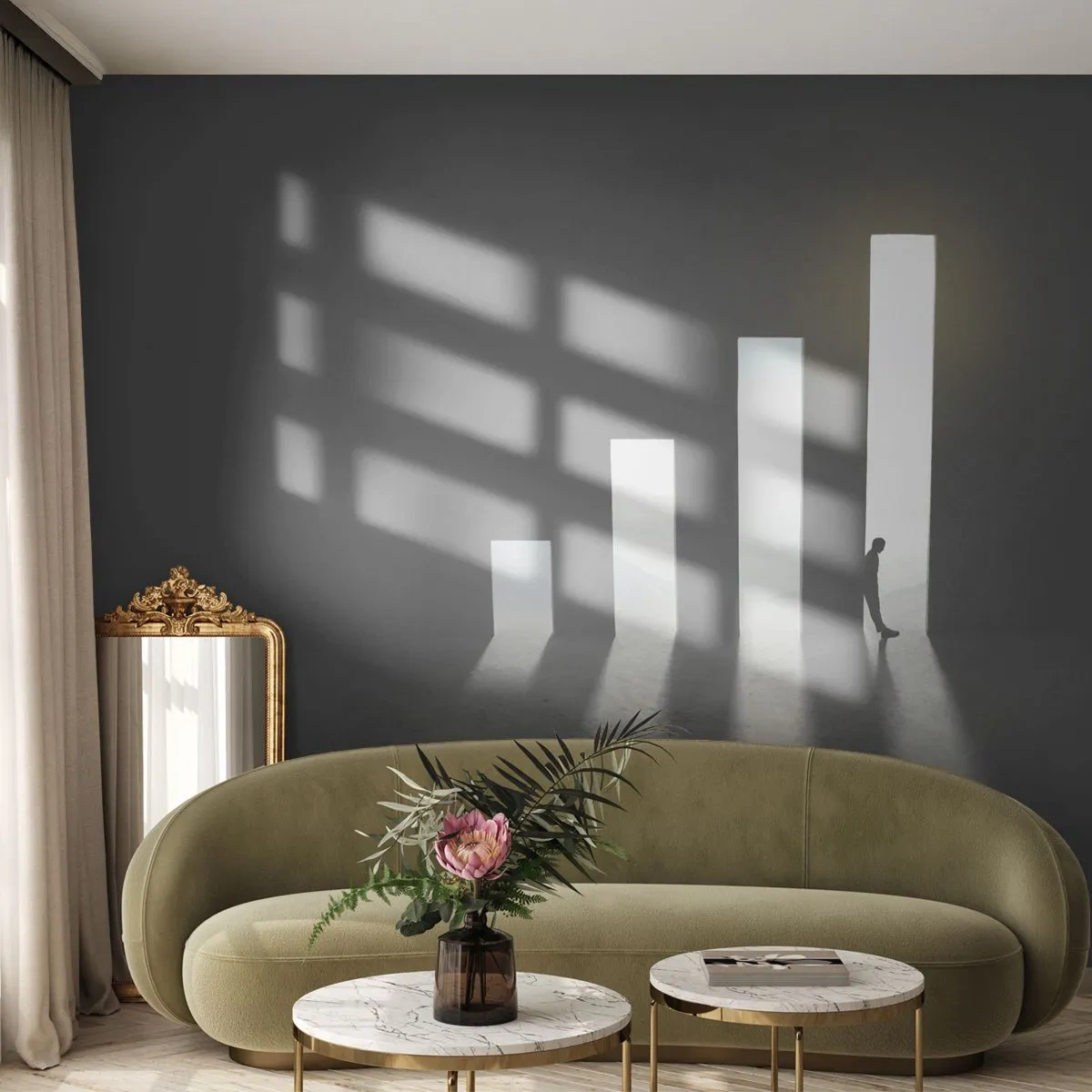 Fotomurali Premium Sand - Una silhouette simbolica sullo sfondo di barre di crescita e luce - 100x70cm - Successo - impressione - Decorazione murale moderna per soggiorno e camera da letto ARTTOR