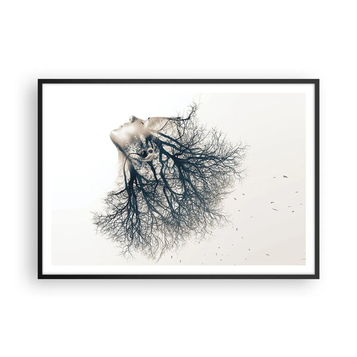 Poster in cornice nera - Silhouette creativa di una donna e alberi - 100x70cm - In ascolto del sussurro dell'albero - Decorazione murale moderna per soggiorno e camera da letto ARTTOR