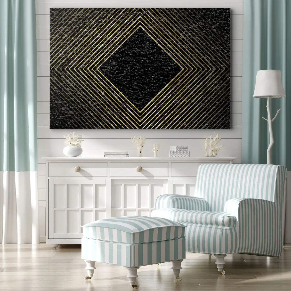 Quadro su tela - Stampe su Tela - Sfondo nero con motivo geometrico di linee dorate - 70x50cm - Geometria in stile glamour - Decorazione murale moderna per soggiorno e camera da letto ARTTOR