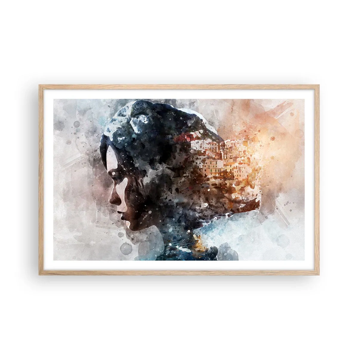 Poster in cornice rovere chiaro - Racconto su una ragazza con città sullo sfondo - 91x61 cm