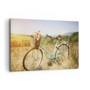 Quadro su tela - Stampe su Tela - Una bicicletta retrò con un cesto pieno di fiori sullo sfondo di un prato. - 120x80cm - Resto qui un attimo - Decorazione murale moderna per soggiorno e camera da letto ARTTOR