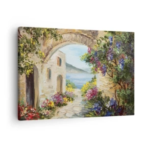 Quadro su tela - Stampe su Tela - Paesaggio marino con edifici in pietra e fiori - 70x50cm - La bellezza della provincia costiera - Decorazione murale moderna per soggiorno e camera da letto ARTTOR