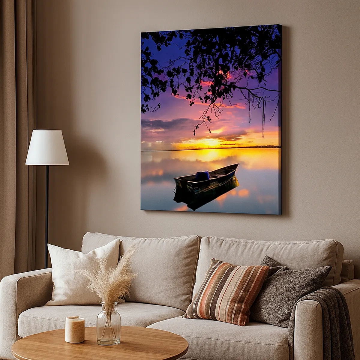 Quadro su tela - Stampe su Tela - Una barca in acque calme al tramonto - 50x70cm - Ti sembra di essere sospeso nel cielo... - Decorazione murale moderna per soggiorno e camera da letto ARTTOR