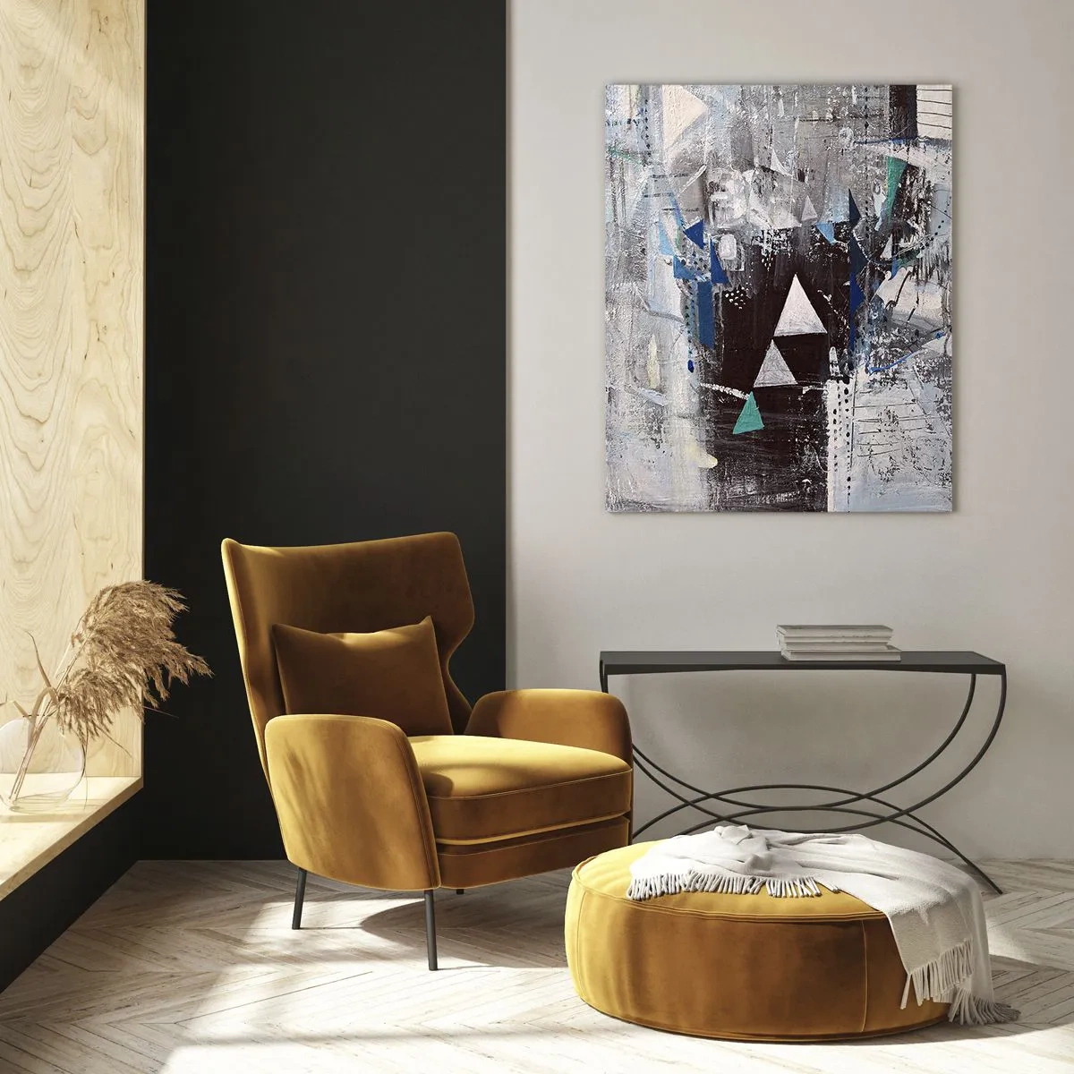 Quadro su vetro - Composizione astratta con triangoli e motivi geometrici - 70x100cm - L'ordine superiore dei triangoli - Decorazione murale moderna per soggiorno e camera da letto ARTTOR