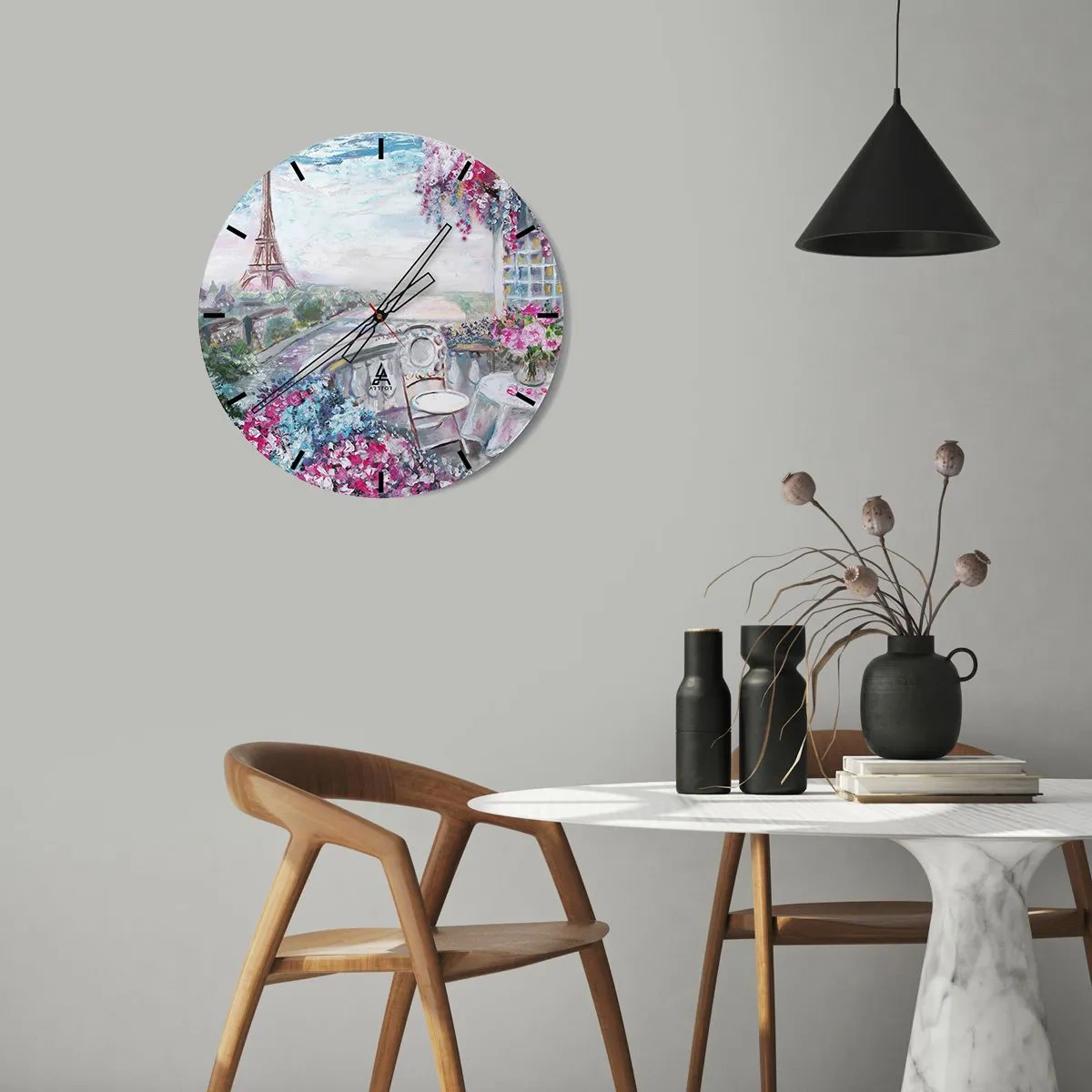 Orologio da parete - Orologio in Vetro - Vista pittoresca della Torre Eiffel dalla terrazza fiorita - 30x30cm - Bellissimo qui a maggio - Decorazione murale moderna per soggiorno, cucina e camera da letto ARTTOR