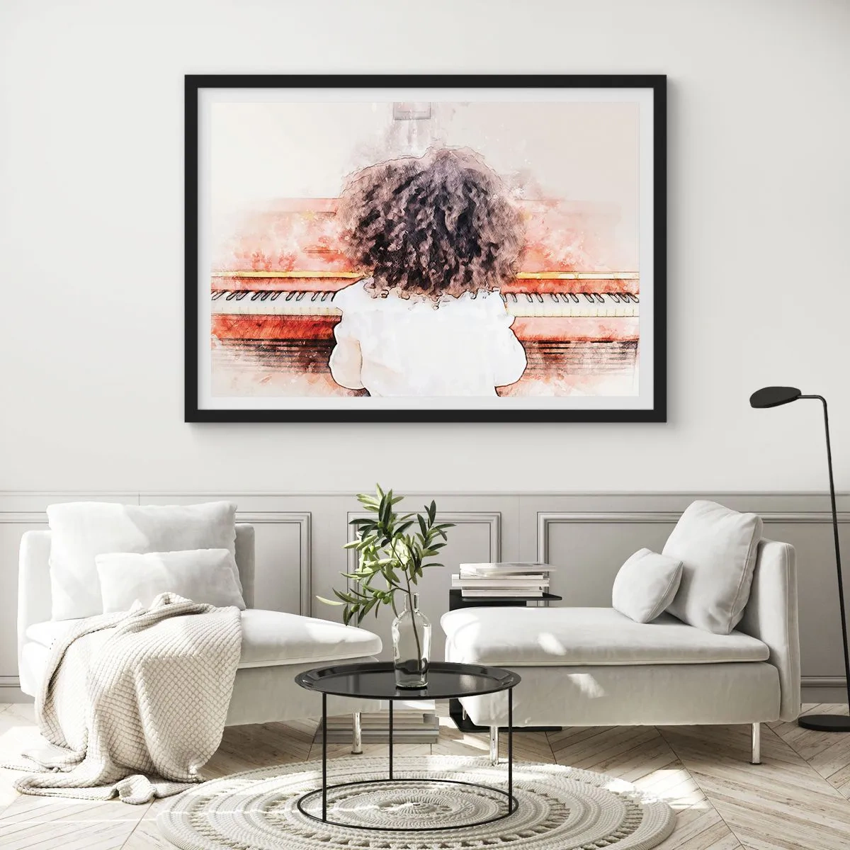 Poster in cornice nera - Una ragazza con i capelli folti al pianoforte - 100x70cm - Nel nuovo mondo - Decorazione murale moderna per soggiorno e camera da letto ARTTOR