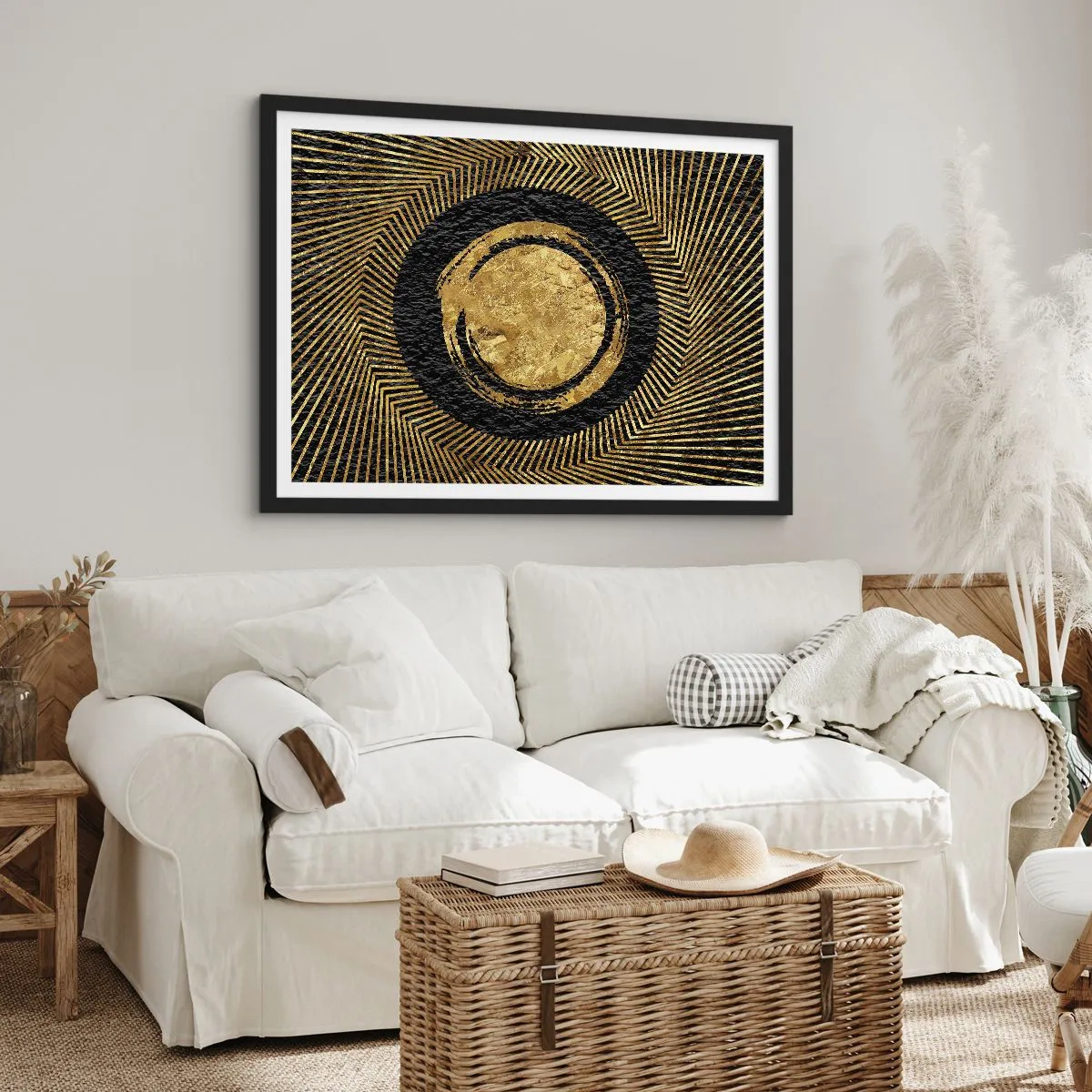 Poster in cornice nera - Composizione geometrica in nero e oro con raggi - 70x50cm - Composizione glamour - Decorazione murale moderna per soggiorno e camera da letto ARTTOR