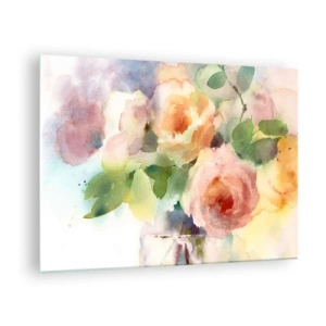 Quadro su vetro - Un dipinto ad acquerello di rose in delicati colori pastello. - 70x50cm - Delicati come un acquerello - Decorazione murale moderna per soggiorno e camera da letto ARTTOR