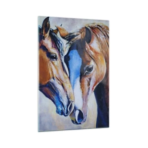 Quadro su vetro - Rappresentazione pittorica di due cavalli in un ambiente amichevole. - 70x100cm - Sarà amicizia o amore? - Decorazione murale moderna per soggiorno e camera da letto ARTTOR