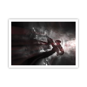 Poster - Sassofonista in fumo sul palco in un suggestivo abito nero e rosso - 100x70cm - Nei fumi del jazz - Decorazione murale moderna per soggiorno e camera da letto ARTTOR