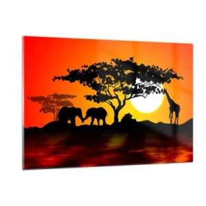 Quadro su vetro - Paesaggio africano con alberi e animali al tramonto - 120x80cm - Incontro nella savana - Decorazione murale moderna per soggiorno e camera da letto ARTTOR