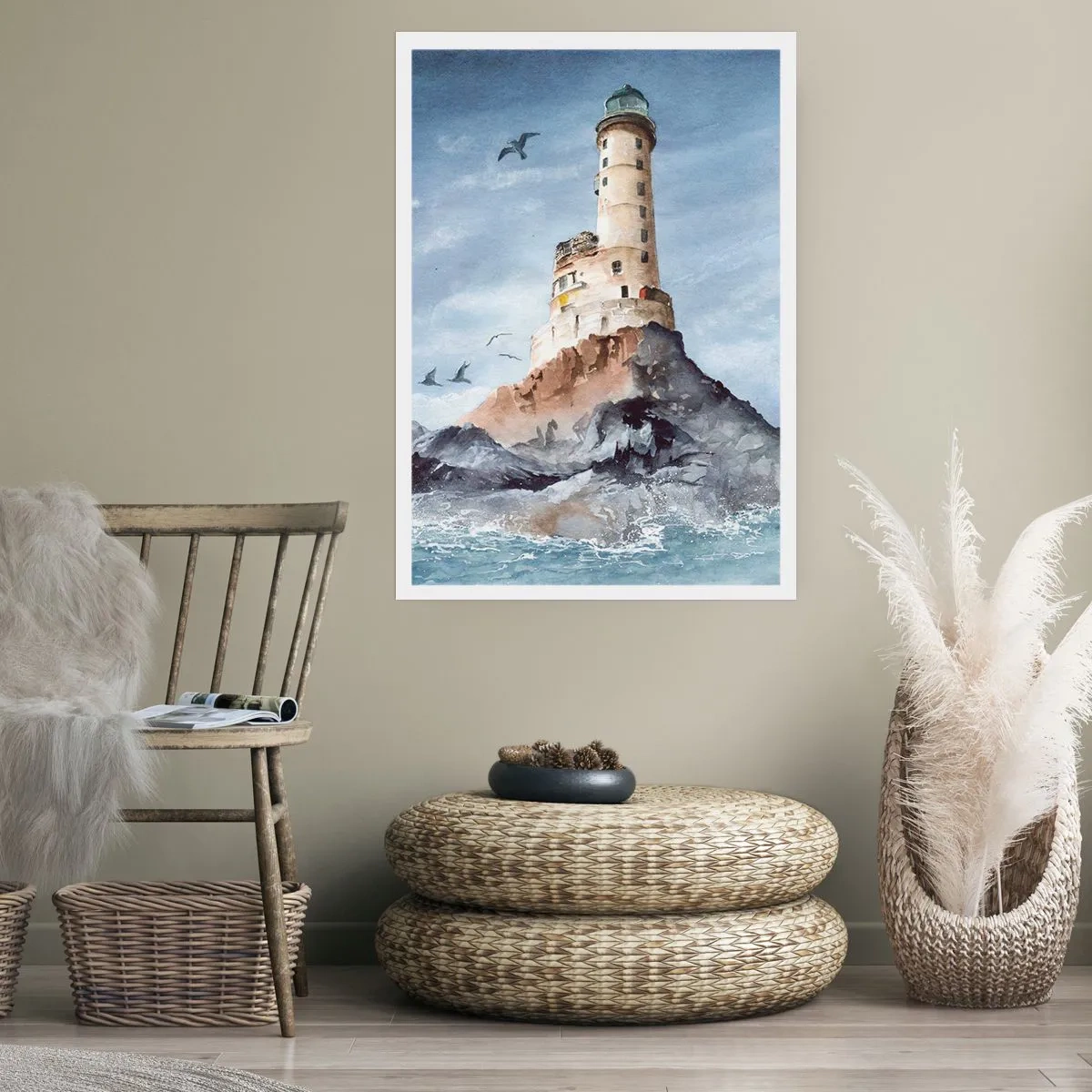 Poster - Un dipinto ad acquerello di un faro su una costa rocciosa - 50x70cm - Invincibile - Decorazione murale moderna per soggiorno e camera da letto ARTTOR