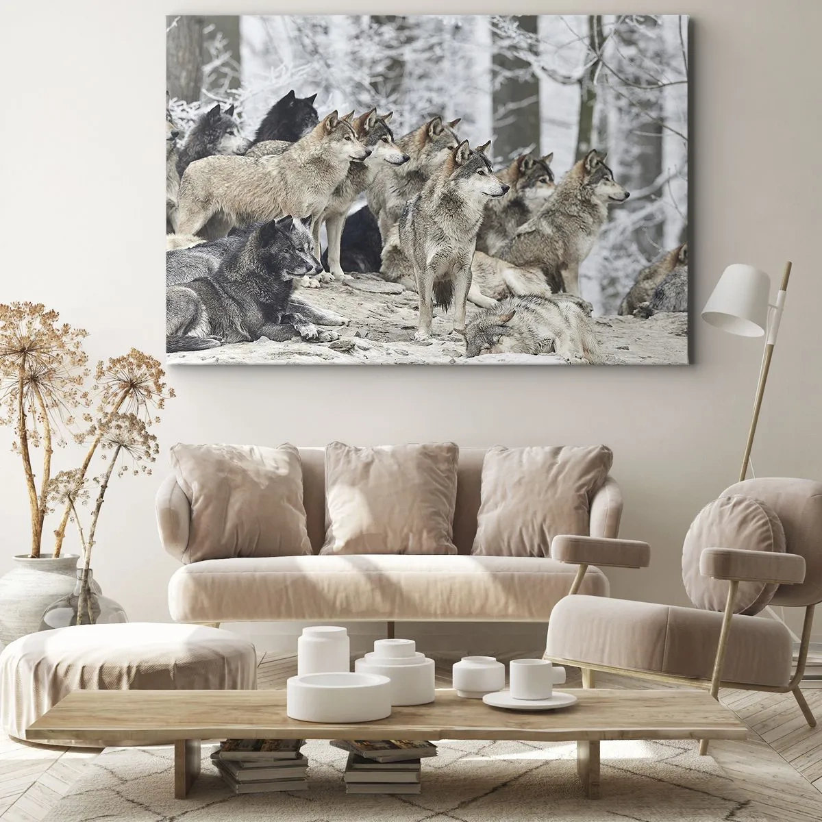 Quadro su tela - Stampe su Tela - Un branco di lupi nella foresta invernale - 120x80cm - Famiglia e amici - Decorazione murale moderna per soggiorno e camera da letto ARTTOR