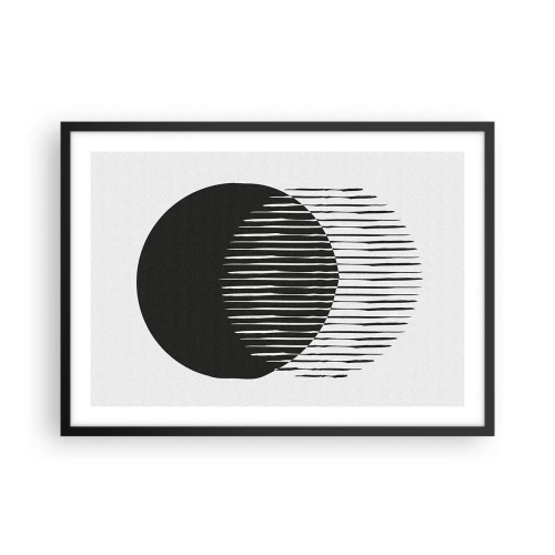 Poster in cornice nera - Due cerchi sovrapposti con linee bianche e nere - 70x50cm - Il suo alter ego - Decorazione murale moderna per soggiorno e camera da letto ARTTOR