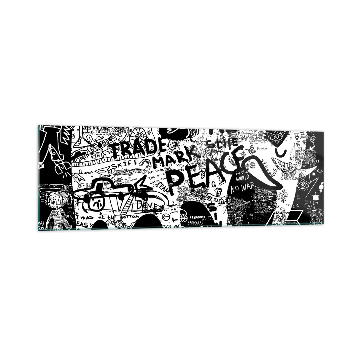 Quadro su vetro - Grafica in bianco e nero con motivi graffiti - 160x50cm - Il ricco mondo della strada - Decorazione murale moderna per soggiorno e camera da letto ARTTOR